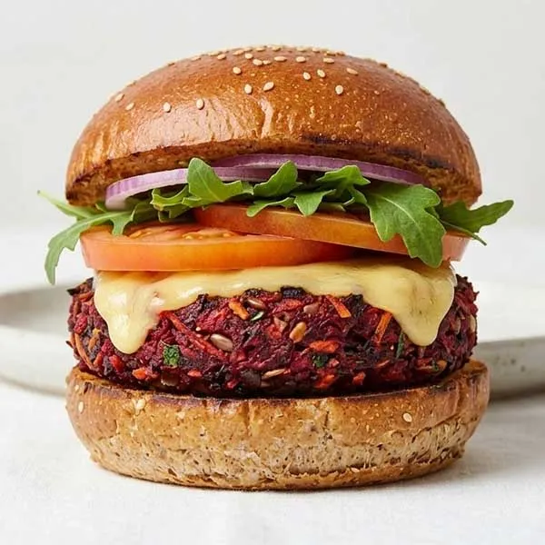 Zucchini and beetroot burger with vegan cheese